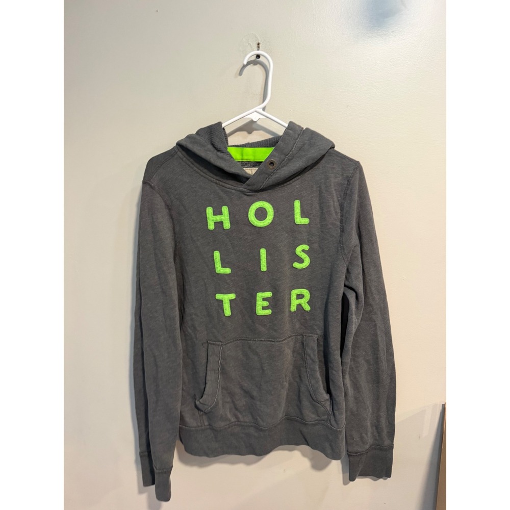 Hollister Mens Hoodie Gray Neon Green Spellout Logo Pullover Sweatshirt Medium